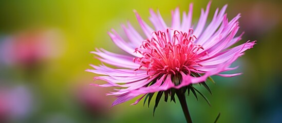 Close up view of a pink wildflower with a blurred background, showcasing intricate details of the flower petals and vibrant colors.