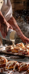 pastry chef pours cream on delicious Cinnabon buns in a pastry shop