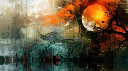 A Vivid Display of an Abstract Landscape with a Fiery Moon, Silhouetted Birds, and Digital Artistry