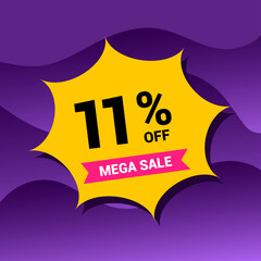 11% sale badge vector illustration on a purple gradient background. Eleven percent price tag. Yellow and purple.