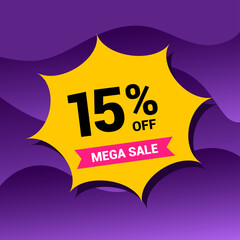 15% sale badge vector illustration on a purple gradient background. Fifteen percent price tag. Yellow and purple.