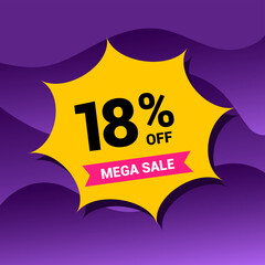 18% sale badge vector illustration on a purple gradient background. Eighteen percent price tag. Yellow and purple.