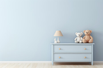 Cornflower blue empty wall mock up with a small cabinet and cuddly toys - obrazy, fototapety, plakaty