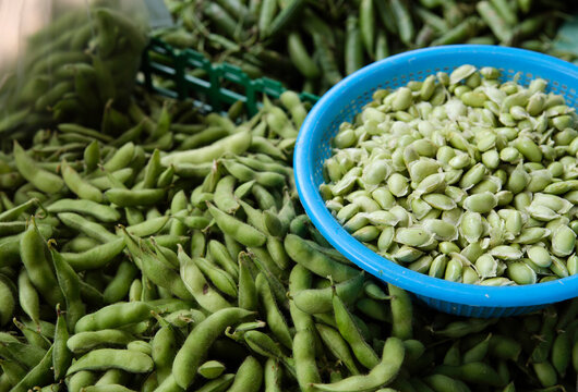 Closeup of fresh edamame beans at the farmers market