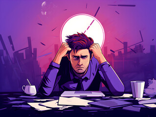 Illustration of a stressed man at work table, dark purple background
