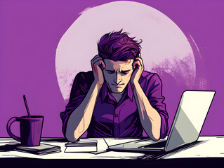 Illustration of a stressed man at work table, dark purple background