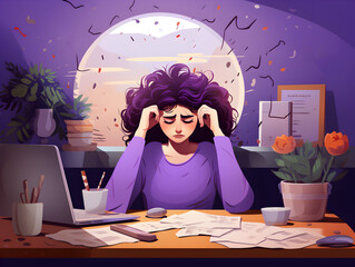llustration of a stressed woman at work table, purple background