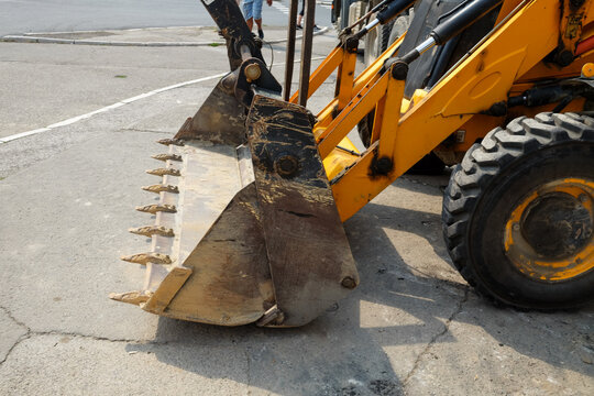 Close-up of bulldozer on the street 