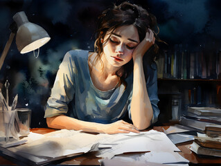 Watercolor illustration of a stressed woman at work table, dark background