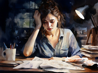 Watercolor illustration of a stressed woman at work table, dark background