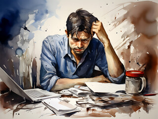 Watercolor illustration of a stressed man at work table, dark background