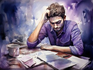 Watercolor illustration of a stressed man at work table, purple background