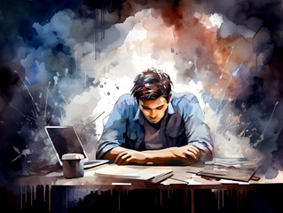 Watercolor illustration of a stressed man at work table, dark background