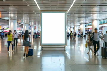 Blank billboard in a bustling airport terminal. Street mockup concept. Template for design, advertising, banner. Urban marketing