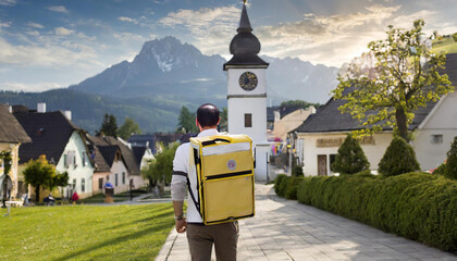 A male mail carrier, postman carrying mail inside a yellow bag, post, in an old town, mountains 