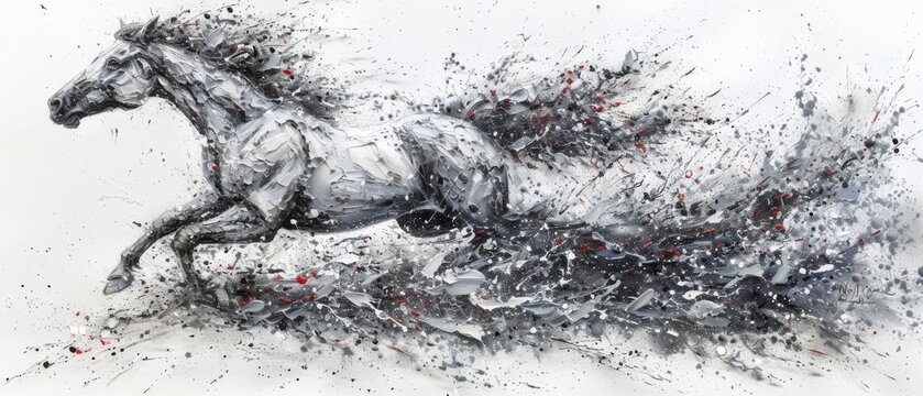  a black and white painting of a horse with splashes of paint on it's body and a white background.