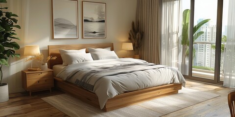 Mock up bright bedroom with a comfortable large bed and a bright stylish background, 3d rendering