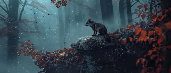  a wolf standing on top of a rock in the middle of a forest filled with lots of trees and leaves.