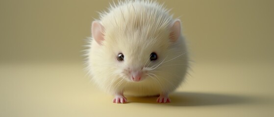  a close up of a small white animal on a beige background with a blurry look on it's face.