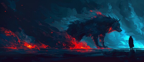  a man standing in front of a wolf in a dark forest with red and blue flames coming out of it. - obrazy, fototapety, plakaty