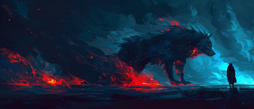  a man standing in front of a wolf in a dark forest with red and blue flames coming out of it.