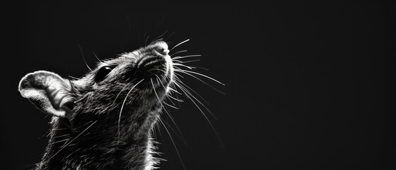  a black and white photo of a rat's head looking up at something in the air with it's eyes wide open.