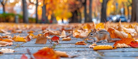 a squirrel is standing in the middle of a leaf strewn sidewalk in a park with trees in the back ground and yellow and orange leaves on the ground.