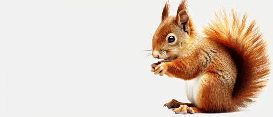 Fotobehang  a red squirrel standing on its hind legs and looking at the camera with a surprised look on it's face. © Jevjenijs