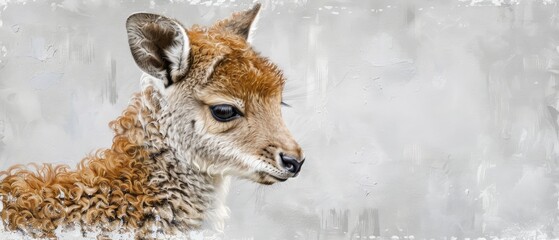  a painting of a brown and white animal with brown spots on it's face and long, curly hair on it's head.