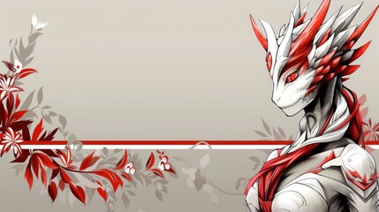  a picture of a red and white dragon on a gray background with a red and white stripe in the middle.