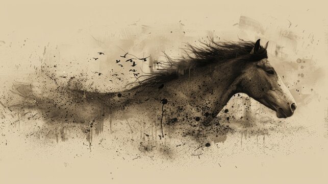  a black and white photo of a horse with a splash of paint on the back of it's head.