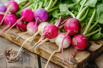 A bunch of radishes are on a wooden cutting board