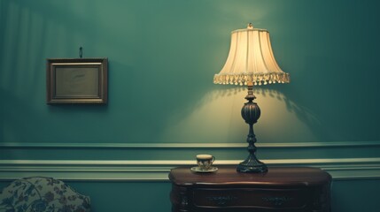  a lamp sitting on top of a wooden table next to a lamp shade on a picture frame on a wall.
