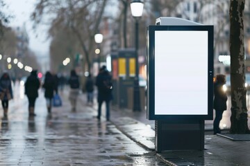 Blank advertising panel on a rainy city sidewalk. Street mockup concept. Template for design, advertising, banner. Modern frame - obrazy, fototapety, plakaty