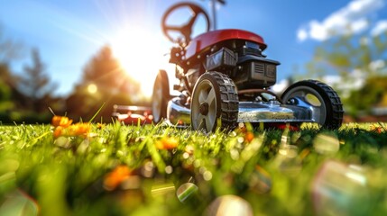  a red lawn mower sitting on top of a lush green grass covered field next to a field of orange flowers.