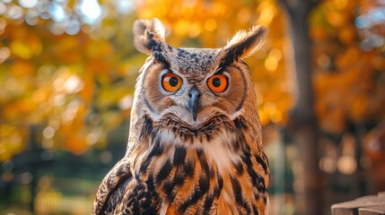  a close up of an owl sitting on a wooden bench in front of a tree with orange and yellow leaves.