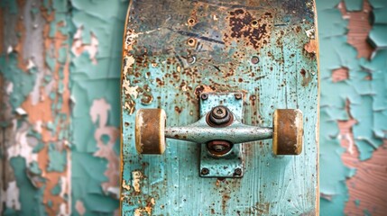  a rusted skateboard sitting on top of a blue and rusted metal door with rusted paint on it.