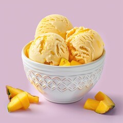 A bowl of ice cream with three scoops and a few mango slices on the side