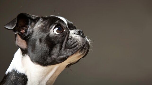 a small black and white dog looking up at something in the air with it's head tilted to the side.