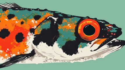  a close up of a fish with orange and black spots on it's body and a light green background.