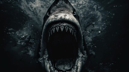  a black and white photo of a shark with it's mouth open and it's mouth wide open. - obrazy, fototapety, plakaty