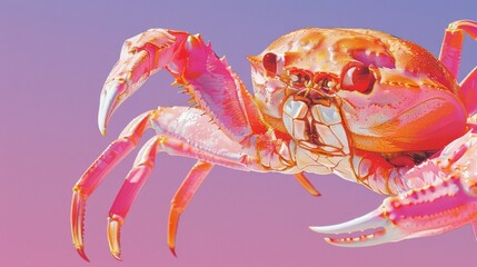  a close up of a pink and orange crab on a pink and purple background with a blue sky in the background.