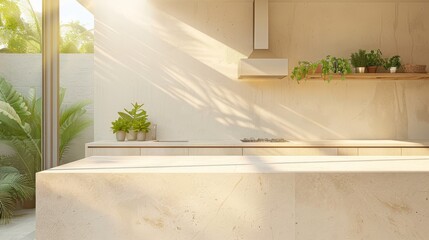  a kitchen filled with lots of counter top space next to a potted plant on top of a wooden shelf.