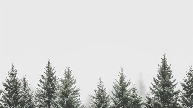  a black and white photo of a row of pine trees in front of a foggy, overcast sky.