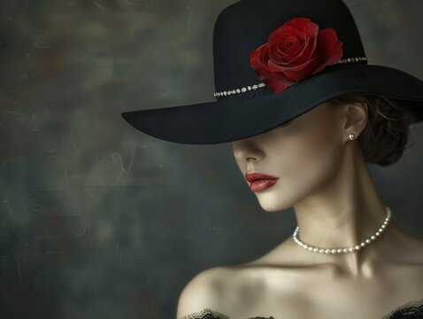  a woman wearing a black hat with a red rose on it's brim and pearls around the brim.