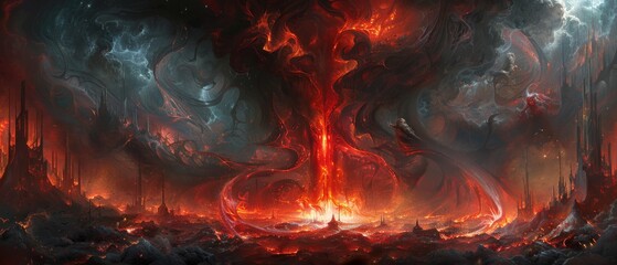  a painting of a red and black tree surrounded by fire and smoke in the middle of a forest filled with trees.
