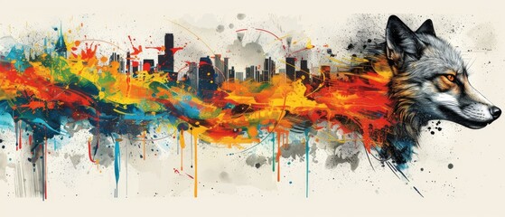  a painting of a wolf with colorful paint splatters on it's face and a city skyline in the background.