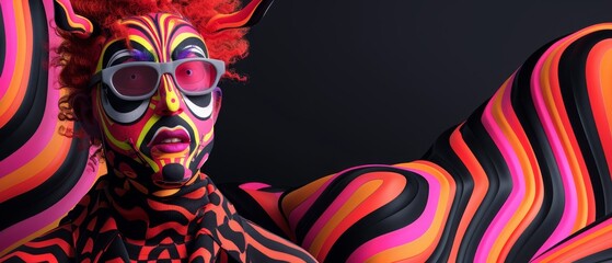  a close up of a person with a painted face and red hair and a pair of glasses on their face.