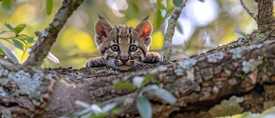  a close up of a small kitten on a branch of a tree with a blurry background of leaves and branches.