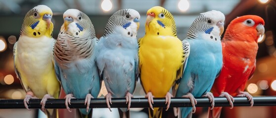  a group of multicolored parakeets sitting on top of a metal bar in front of a building.